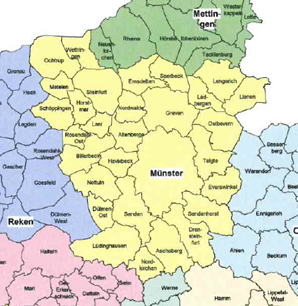 Gelb: Einzugsgebiet der LWL-Förderschule körperliche und motorische Entwicklung Münster (Regenbogenschule)